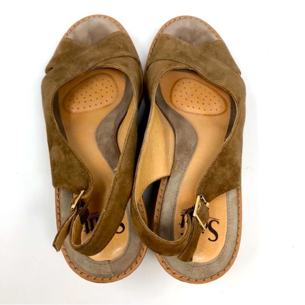 Sofft Tan Brown Leather Wedge Platform 3” Heel Sandals Open Toe Slingback Suede - Picture 9 of 12